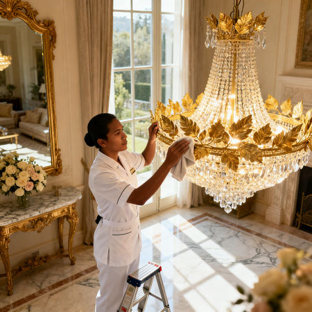 Agenzia colf filippine Pesaro - lavoratrice domestica filippina sorridente mentre sistema fiori in una villa di lusso italiana