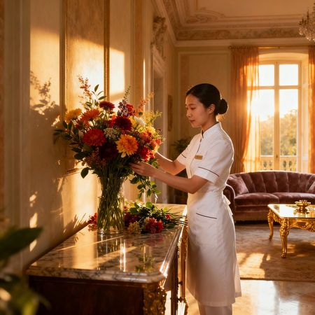 Agenzia colf filippine Pesaro - lavoratrice domestica asiatica che dispone fiori in villa di lusso