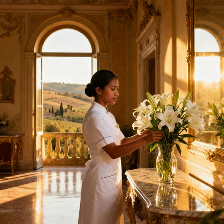 Agenzia colf filippine Pesaro - lavoratrice domestica filippina che arrangia fiori in una villa di lusso italiana
