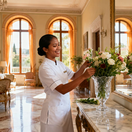 Agenzia colf filippine Reggio Emilia - lavoratrice domestica asiatica in villa di lusso con fiori e luce naturale