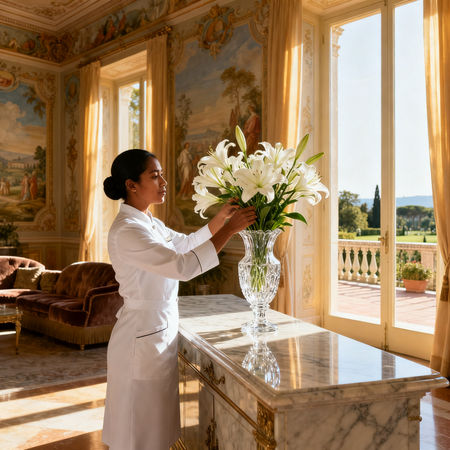 Agenzia colf filippine Reggio Emilia - domestica asiatica in uniforme elegante che dispone fiori in villa di lusso