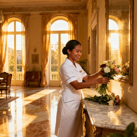 Agenzia colf filippine Torino - lavoratrice domestica asiatica in uniforme elegante in villa di lusso italiana