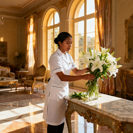 Agenzia colf filippine Torino - lavoratrice filippina in uniforme bianca che dispone fiori in villa di lusso