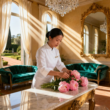 Agenzia colf filippine Torre d’Isola - lavoratrice domestica asiatica in uniforme bianca che dispone fiori in villa di lusso