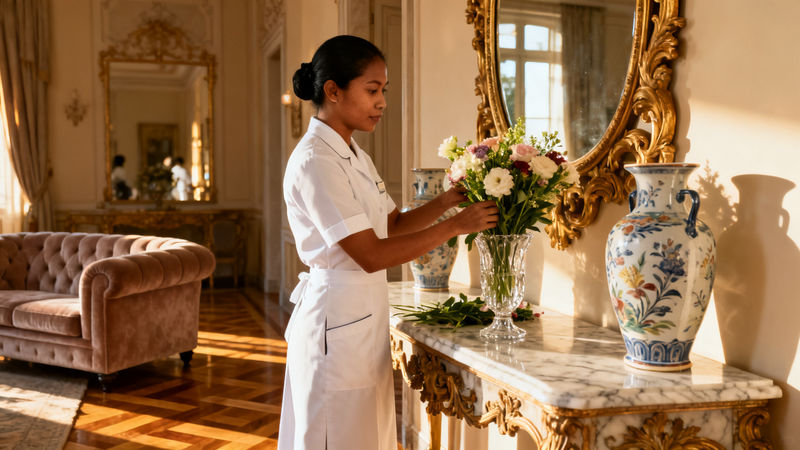 Agenzia colf filippine Trieste - lavoratrice domestica asiatica in villa di lusso, servizio esclusivo e professionale.