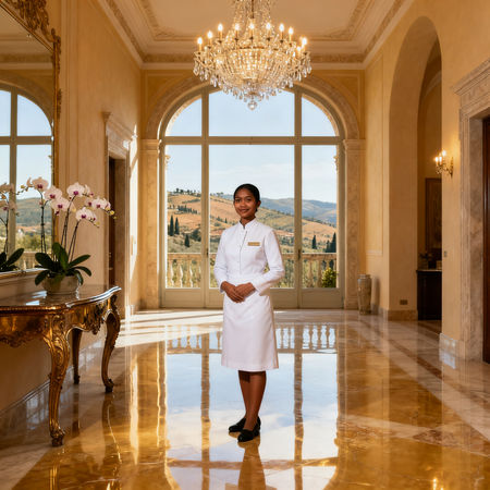Agenzia domestici Chianciano Terme - lavoratrice domestica asiatica in uniforme bianca, villa lusso