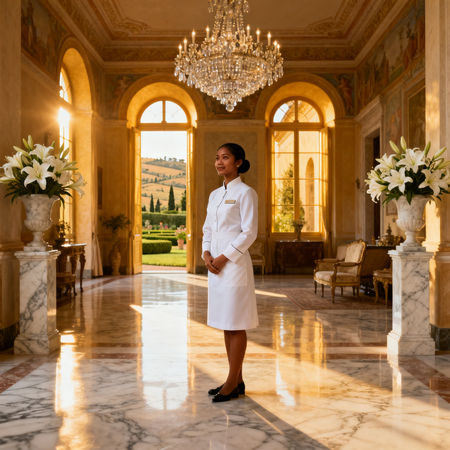 Agenzia domestici Chianciano Terme - Lavoratrice asiatica in uniforme bianca in villa italiana di lusso con marmo e giardino