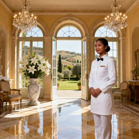 Agenzia domestici Chianciano Terme - lavoratrice domestica asiatica in uniforme bianca dentro villa di lusso italiana