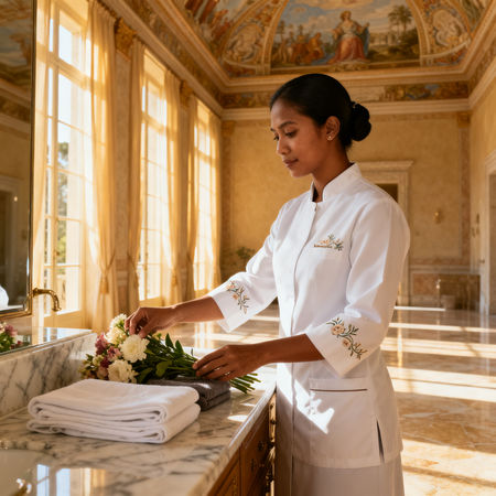 Agenzia domestici Cremona - Lavoratrice filippina in villa italiana di lusso, uniforme impeccabile e ambienti eleganti.