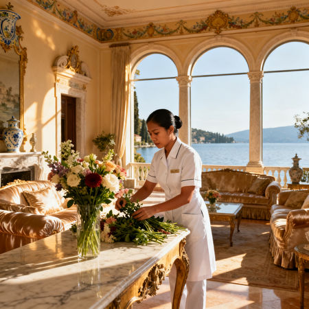Agenzia domestici Desenzano del Garda - lavoratrice asiatica che dispone fiori su tavolo di marmo in villa lusso vista lago