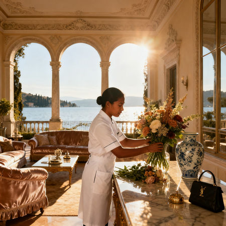 Agenzia domestici Desenzano del Garda - lavoratrice (filippina o cingalese) che dispone fiori in villa sul Lago di Garda