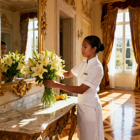 Agenzia domestici Prato - lavoratrice domestica asiatica in uniforme che dispone fiori su marmo in villa di lusso