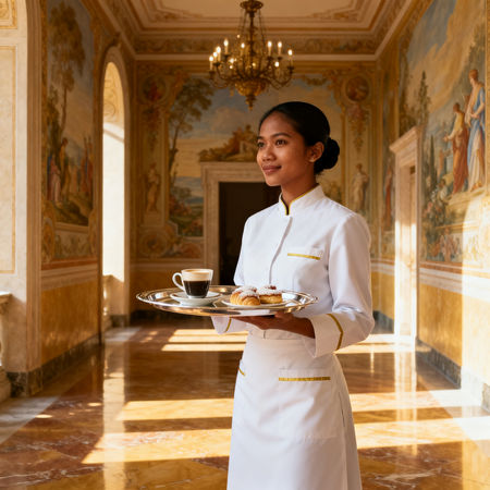 Agenzia domestici Prato - lavoratrice asiatica in uniforme elegante che serve caffè in villa italiana di lusso.