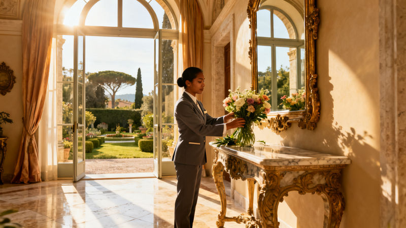 Agenzia domestici Rieti - lavoratrice domestica asiatica in uniforme elegante che cura dettagli di lusso in villa italiana