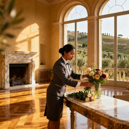Agenzia domestici Rieti - domestica asiatica in uniforme elegante che cura villa di lusso vicino a Rieti