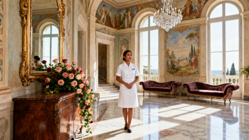 Agenzia domestici Torre d’Isola - domestica asiatica in uniforme bianca, villa italiana di lusso con luce naturale