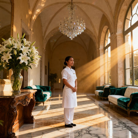 Agenzia domestici Torre d’Isola: lavoratrice asiatica in uniforme bianca nella villa di lusso vicino a Torre d'Isola