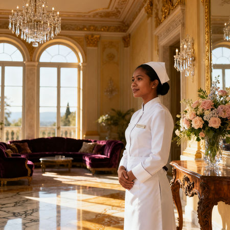 Agenzia domestici Torre d’Isola - lavoratrice asiatica in uniforme bianca, villa di lusso con marmo e luce