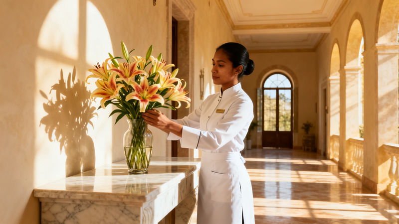 Agenzia domestici Viareggio - lavoratrice domestica asiatica in uniforme bianca che dispone fiori freschi in una villa di lusso italiana con luce naturale