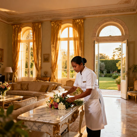 Agenzia per collaboratrici domestiche - lavoratrice (filippina o singalese) in uniforme che dispone fiori in villa di lusso