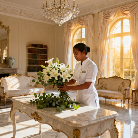 Agenzia per collaboratrici domestiche - lavoratrice asiatica in uniforme che sistema fiori freschi in villa di lusso italiana.