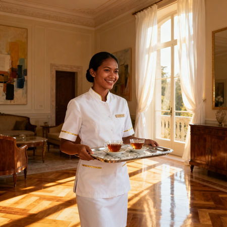 Agenzia per personale domestico Perugia - lavoratore domestico asiatico in villa italiana di lusso con uniforme elegante