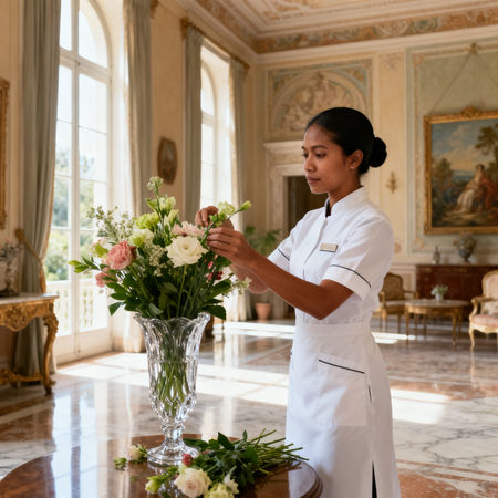 Agenzia per personale domestico Piacenza - lavoratrice asiatica in uniforme bianca che dispone fiori in villa italiana