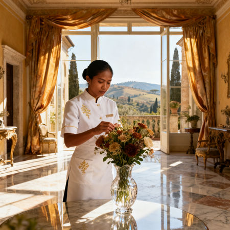 Agenzia per personale domestico Piacenza - lavoratrice asiatica in uniforme bianca che dispone fiori in villa di lusso