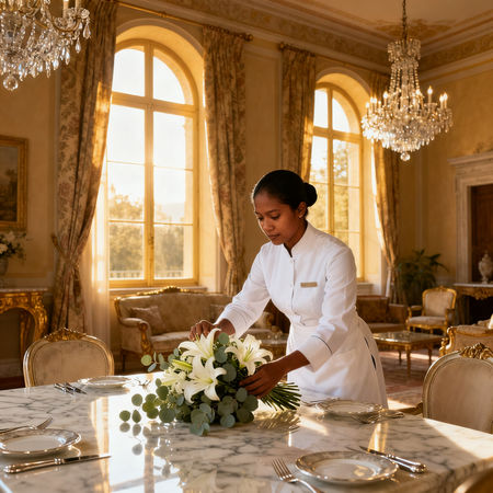 Agenzia per personale domestico Torino - lavoratrice domestica asiatica in uniforme bianca che dispone fiori su tavolo di marmo in villa di lusso