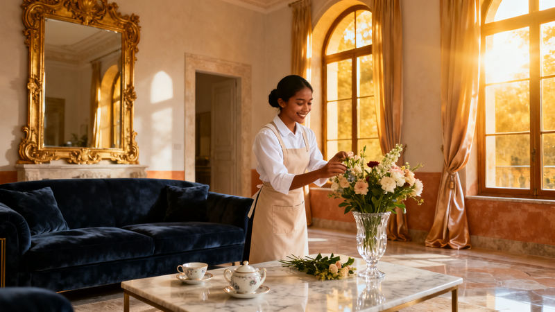 Collaborazioni domestiche agenzie - giovane lavoratrice domestica asiatica in ambiente luxury italiano, sorriso e eleganza in soggiorno raffinato.