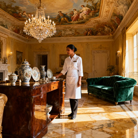 Collaborazioni domestiche agenzie - giovane lavoratrice domestica asiatica in elegante soggiorno italiano di lusso