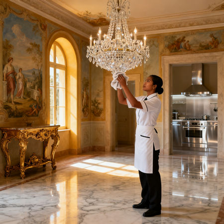 Migliore agenzia colf Brescia - lavoratrice asiatica in uniforme impeccabile che pulisce un lussuoso interno italiano