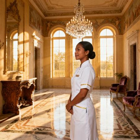 Migliore agenzia colf Cremona - lavoratrice domestica asiatica in uniforme elegante dentro una villa italiana di lusso