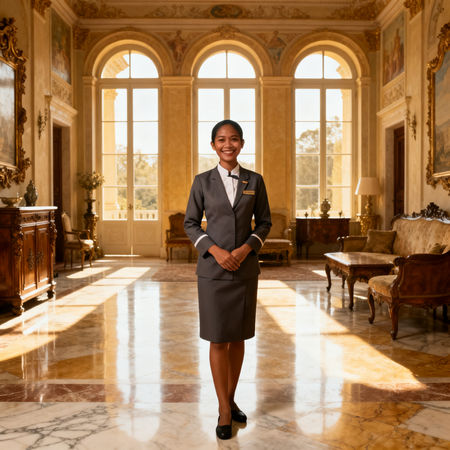Migliore agenzia colf Cremona - Ritratto di una domestica asiatica filippina in uniforme elegante in villa italiana di lusso.