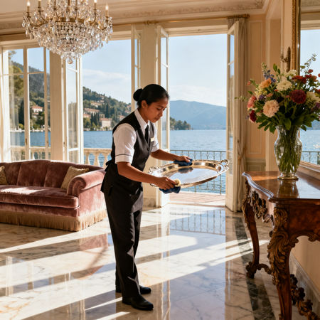 Migliore agenzia colf Garda - Domestica asiatica in villa di lusso sul Lago di Garda, luce naturale e dettagli eleganti
