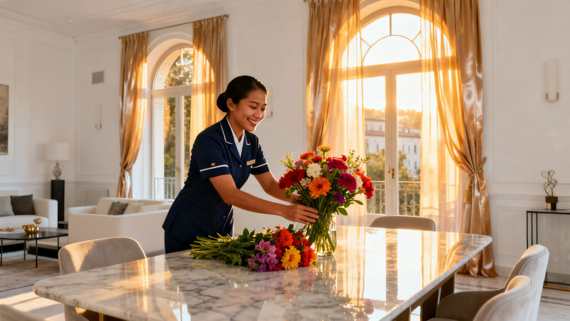 Migliore agenzia colf Trieste - lavoratrice filippina in uniforme navy, sorridente con fiori su marmo in villa a Trieste.