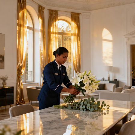 Migliore agenzia colf Trieste - lavoratrice domestica asiatica in uniforme navy che dispone fiori freschi in villa di lusso