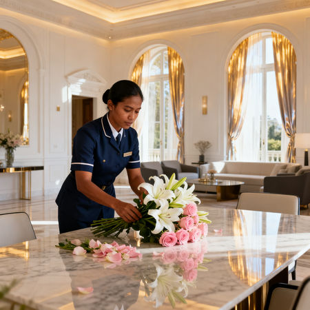 Migliore agenzia colf Trieste - lavoratrice asiatica in uniforme navy che dispone fiori su tavolo di marmo in villa lusso