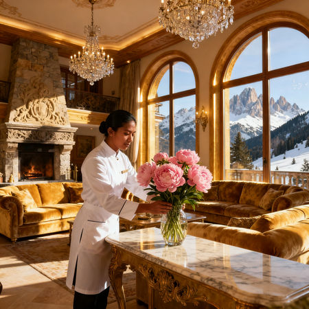 Migliore agenzia domestici Madonna di Campiglio - lavoratrice asiatica dispone peonie su console marmo villa luxe