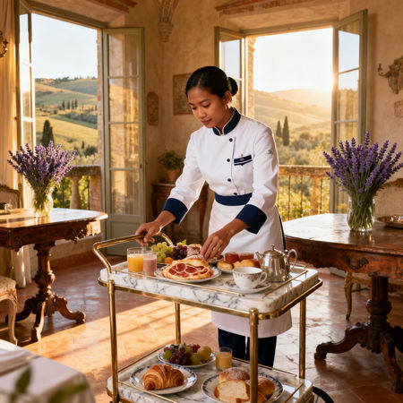 Migliore agenzia domestici Massa - foto di lavoratrice asiatica in uniforme che serve pranzo gourmet in villa lusso italiana