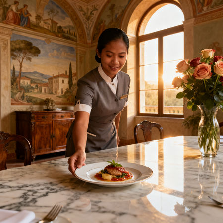 Migliore agenzia domestici Massa - impiegata asiatica in uniforme che serve piatto gourmet in villa lussuosa