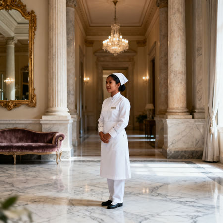 Migliore agenzia domestici Milano - lavoratrice domestica asiatica in uniforme elegante dentro villa di lusso a Milano