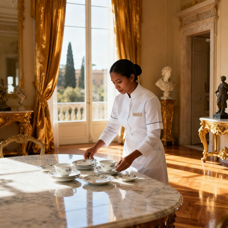 Migliore agenzia domestici Pavia - domestica asiatica in uniforme bianca che sistema porcellana su marmo in villa di lusso