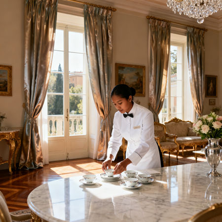 Migliore agenzia domestici Pavia - lavoratrice asiatica in uniforme bianca che dispone porcellane in villa di lusso italiana