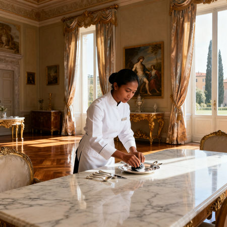 Migliore agenzia domestici Pavia - lavoratrice asiatica in uniforme bianca che sistema porcellane in villa di lusso