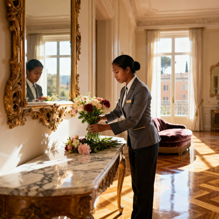 Migliore agenzia domestici Piacenza - lavoratrice domestica asiatica in uniforme elegante che dispone fiori su tavolo di marmo in appartamento di lusso