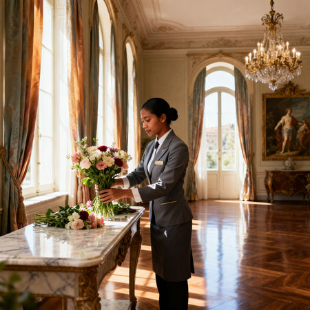 Migliore agenzia domestici Piacenza - lavoratrice domestica asiatica in uniforme elegante che cura un appartamento di lusso
