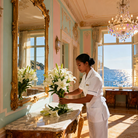 Migliore agenzia domestici Portofino - lavoratrice asiatica in uniforme bianca che dispone fiori in villa vista mare