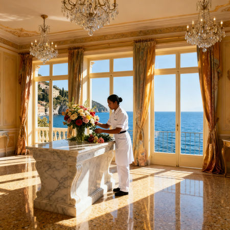 Migliore agenzia domestici Portofino - lavoratrice asiatica in uniforme bianca che dispone fiori in villa lussuosa vista mare