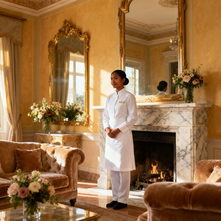 Migliore agenzia domestici Sanremo - lavoratrice domestica asiatica in uniforme elegante dentro villa italiana di lusso
